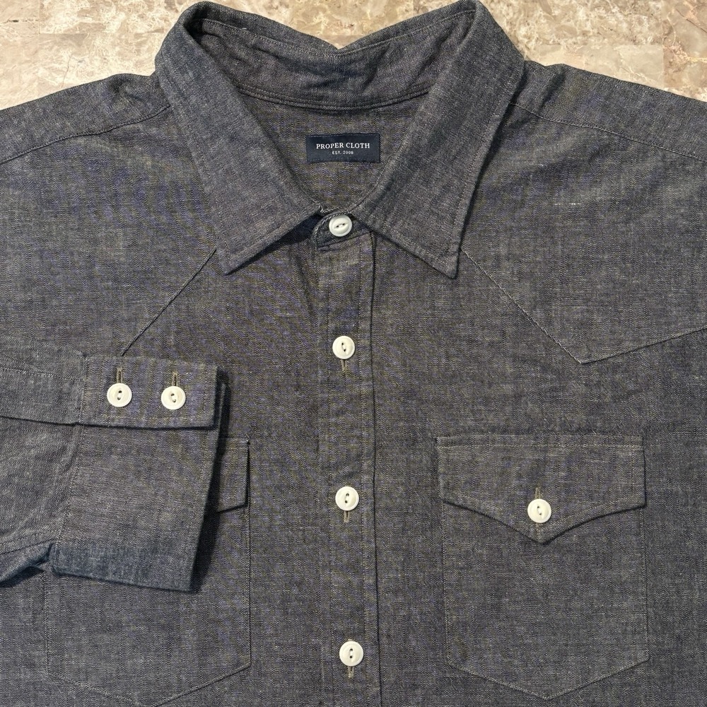 Proper Cloth Shirt Mens 19.5 37.5 Black Japanese Selvedge Chambray Heavy Western